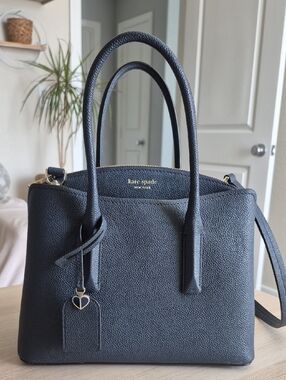 kate spade Small Margaux Satchel navy pebbled leather satchel with gold accents